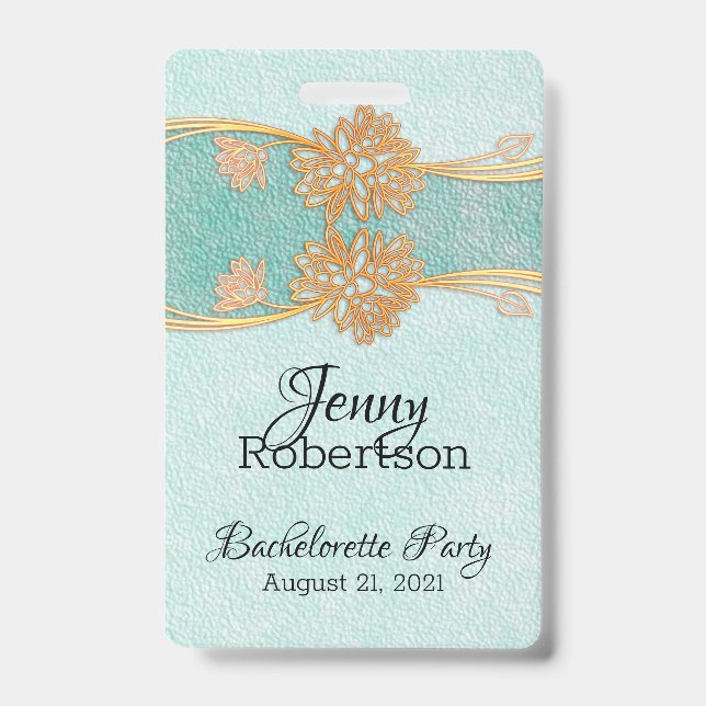 Mint with Gold Flowers Bachelorette Party Badge ID Badge (Front)