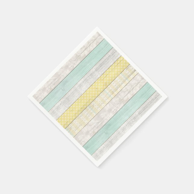 Mint & Yellow Boho Geometric Pattern Rustic Wood Napkin (Corner)