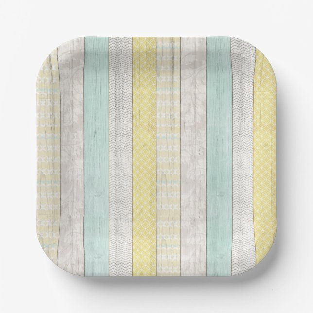 Mint & Yellow Boho Geometric Pattern Rustic Wood Paper Plate (Front)