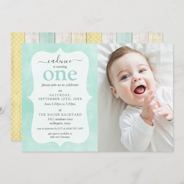 Mint & Yellow Cottage Rustic Wood Geometric Photo Invitation (Front/Back)