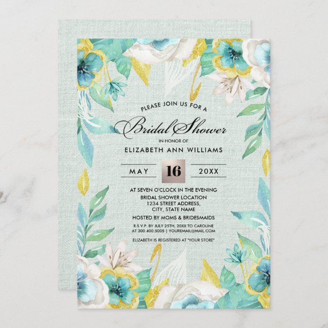 Mint Yellow Floral Burlap Bridal Shower Invitation (Front/Back)