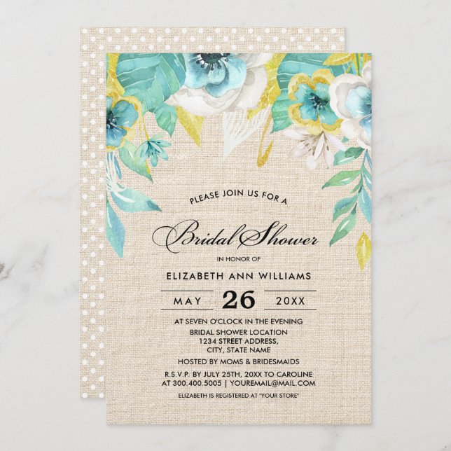 Mint Yellow Floral Burlap Texture Bridal Shower Invitation (Front/Back)