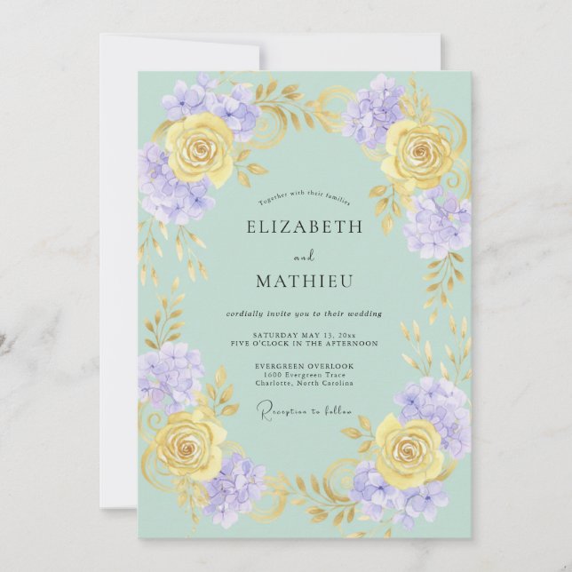 Mint Yellow Floral Romance Wedding Invitation (Front)