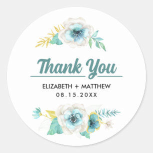 Mint Yellow Floral Thank You Wedding Stickers