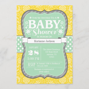Mint Yellow Grey Floral Flower Baby Shower Invite