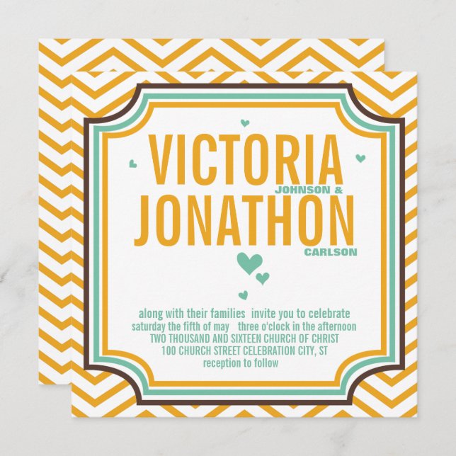 Mint Yellow Modern Zig Zag Typography Wedding Invitation (Front/Back)