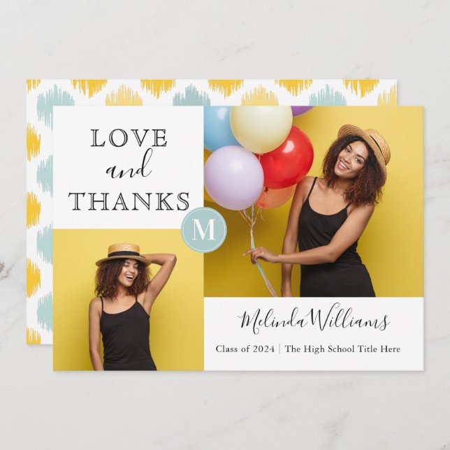 Mint & Yellow Monogram Photo Thank You Graduation Announcement (Front/Back)
