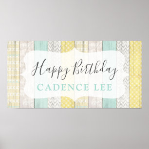 Mint & Yellow Rustic Cottage Wood Happy Birthday Poster