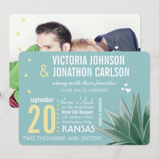 Mint & Yellow Succulent Modern Typography Wedding Invitation (Front/Back)