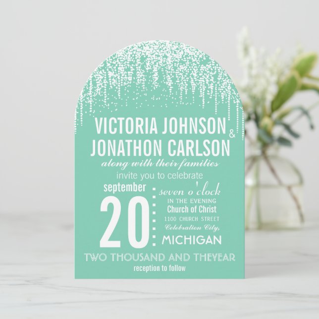Mint Your Photo Confetti Modern Typography Invitation (Standing Front)