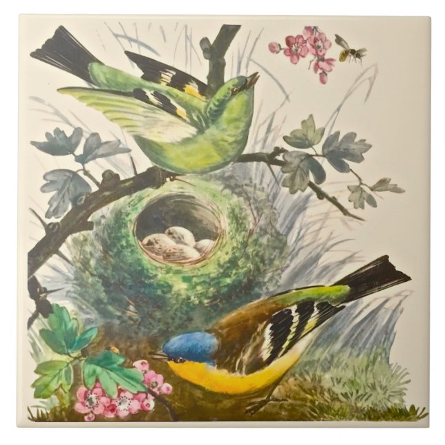 Minton Hand Painted Birds Berries Late 1800s Repro Ceramic Tile (Front)