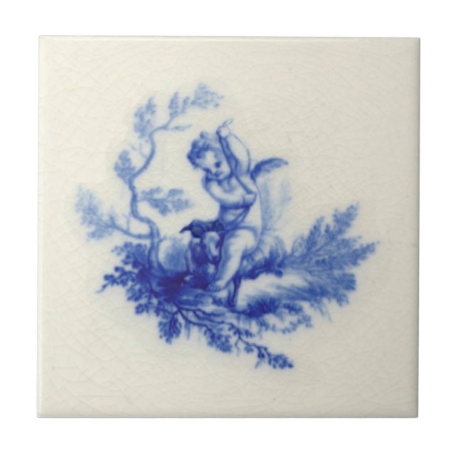 Minton Putti Cherub Sheep Flow Blue c.1875 Repro Ceramic Tile (Front)