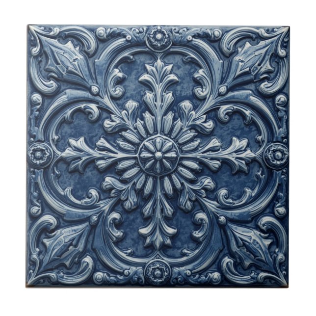 Minton Victorian Faux Relief Blue Reproduction Ceramic Tile (Front)