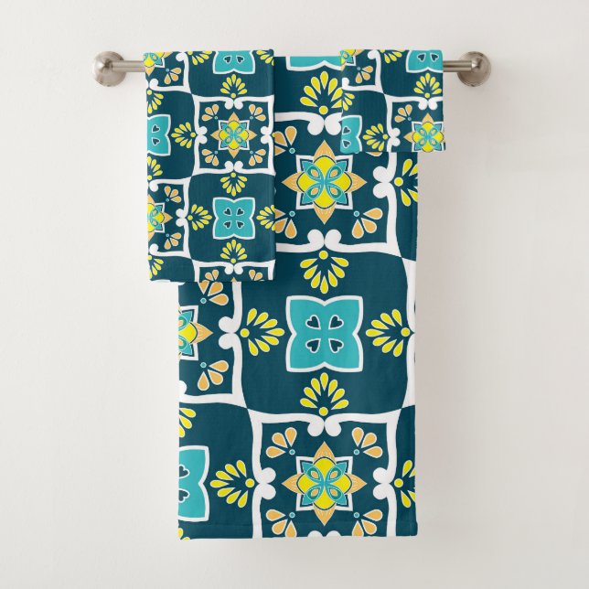 Minty and teal Azulejos with yellow elements  Bath Towel Set (Insitu)