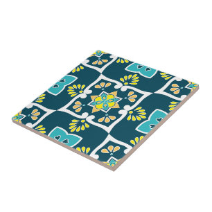 Minty and teal Azulejos with yellow elements Ceramic Tile
