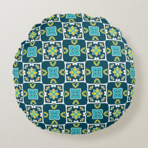 Minty and teal Azulejos with yellow elements Round Cushion
