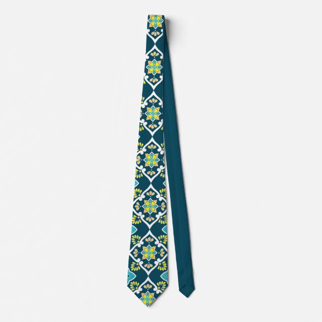 Minty and teal Azulejos with yellow elements  Tie (Front)