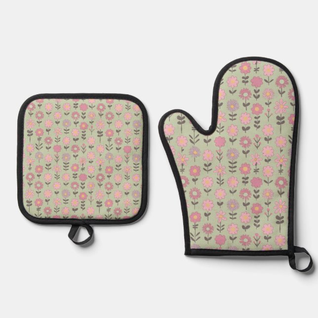 Minty Blossom Delight Oven Mitt & Pot Holder Set (Front)