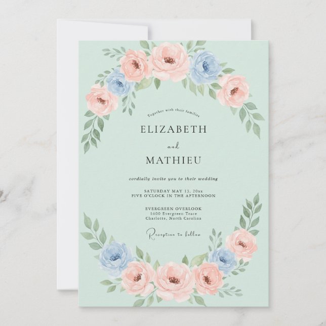 Minty Coral Peony Wedding Invitation (Front)