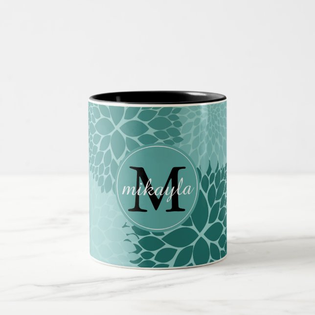 Minty Flowers Monogram Two-Tone Coffee Mug (Center)