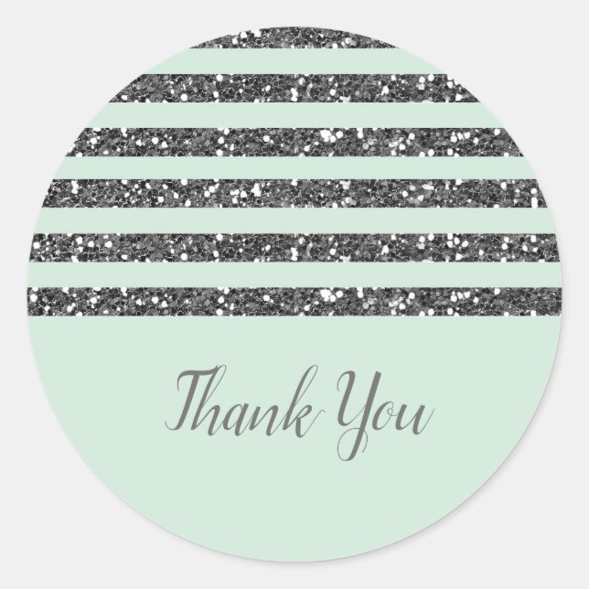 Minty Mint Green & Silver Glitter Stripes Party Classic Round Sticker (Front)