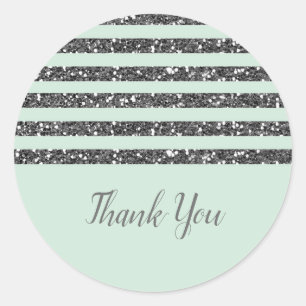 Minty Mint Green & Silver Glitter Stripes Party Classic Round Sticker