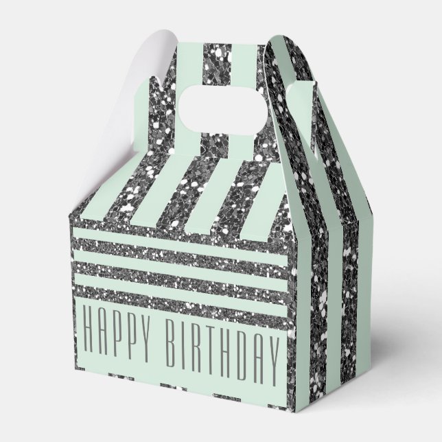 Minty Mint Green & Silver Glitter Stripes Party Favour Box (Front Side)