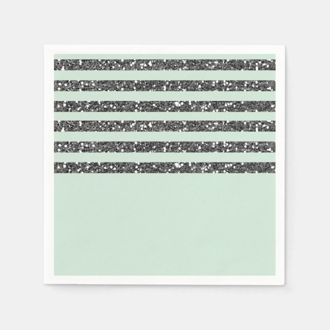 Minty Mint Green & Silver Glitter Stripes Party Napkin (Front)