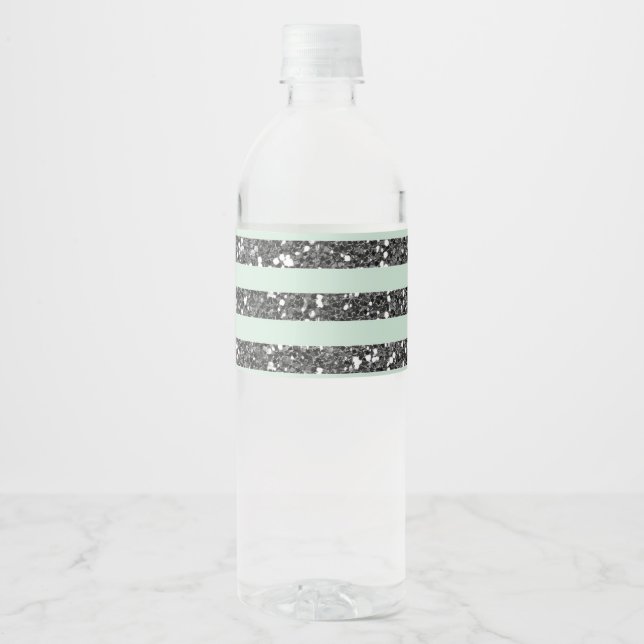 Minty Mint Green & Silver Glitter Stripes Party Water Bottle Label (Front)