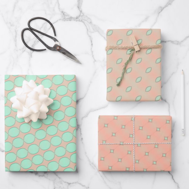 Minty Peach Whimsy Wrapping Paper Flat Sheet Set (Front)