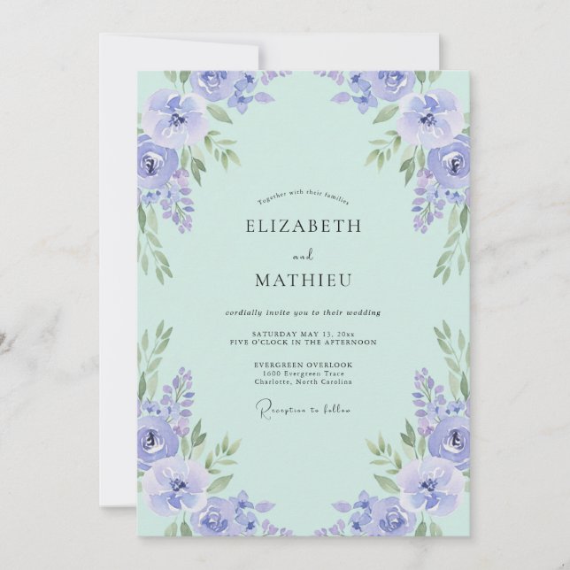 Minty Periwinkle Wreath Wedding Invitation (Front)
