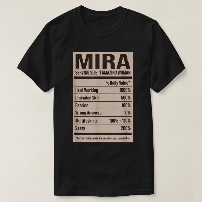 Mira Nutrition Facts Name Nickname Alias Title Fri T-Shirt (Design Front)