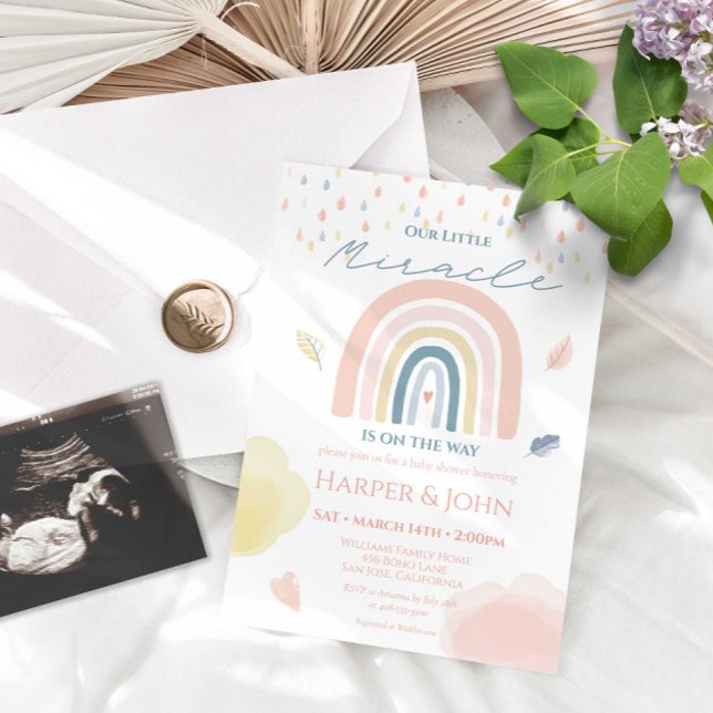 Miracle Baby Pastel Rainbow Clouds Raindrops Invitation (Creator Uploaded)
