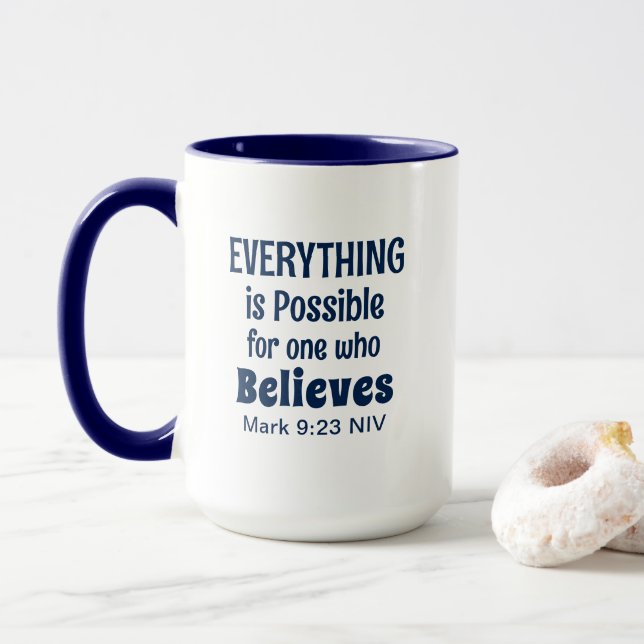 Miracle Bible Verse Christian Faith Navy Blue Mug (With Donut)