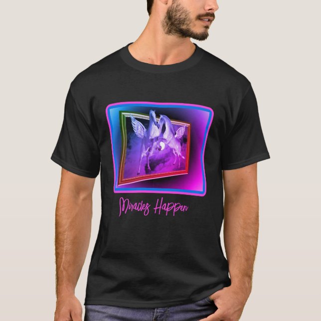 Miracles Happen Pegasus Horses Inspirational T-Shirt (Front)
