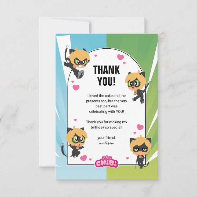 Miraculous Cat Noir Chibi Birthday Thank You Card (Front)