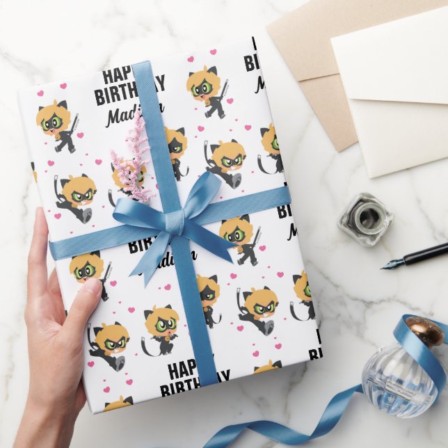Miraculous Cat Noir Chibi Birthday Wrapping Paper (Gifting)