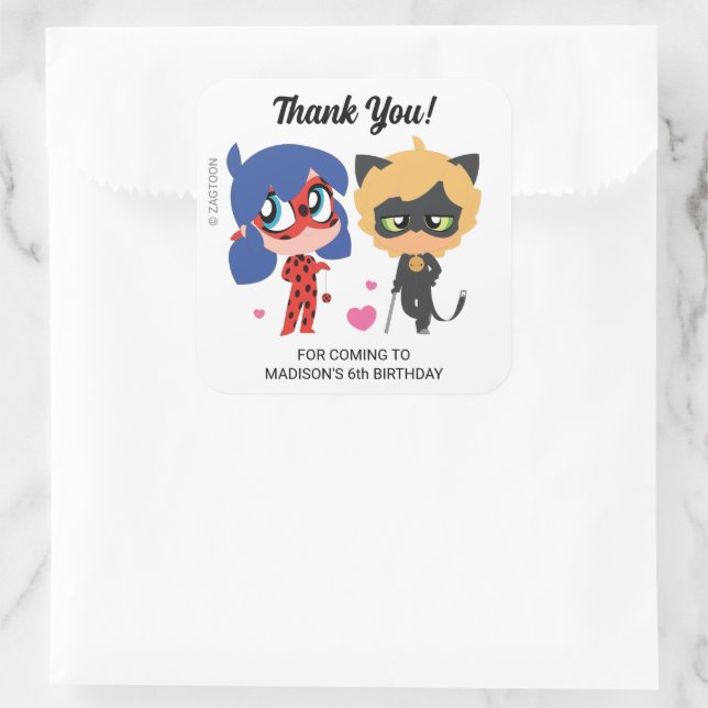 Miraculous Ladybug & Cat Noir Birthday Thank You Square Sticker (Bag)
