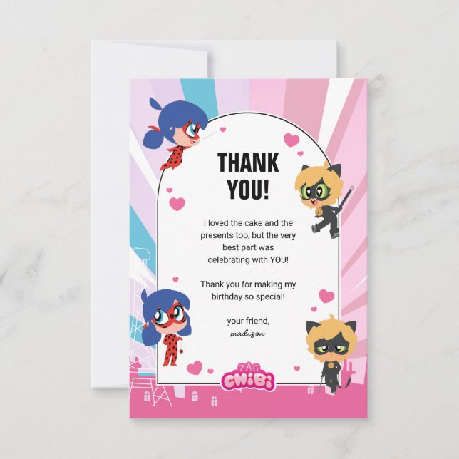 Miraculous Ladybug & Cat Noir Chibi Birthday Thank You Card (Front)