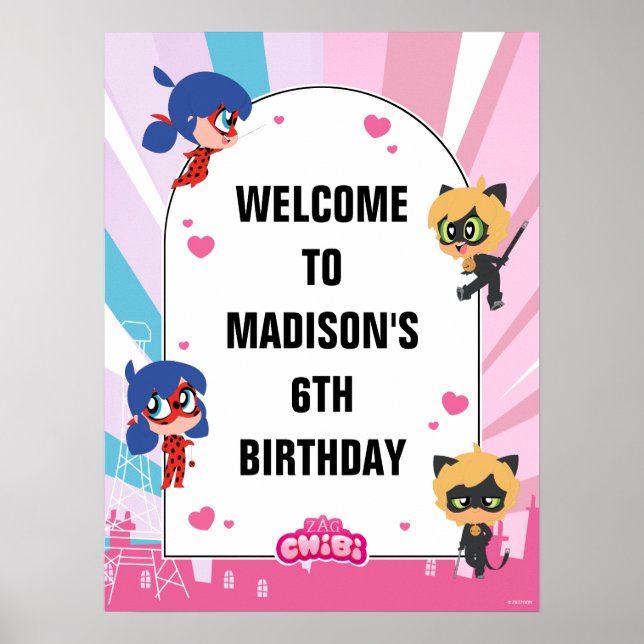 Miraculous Ladybug Cat Noir Chibi Birthday Welcome Poster (Front)