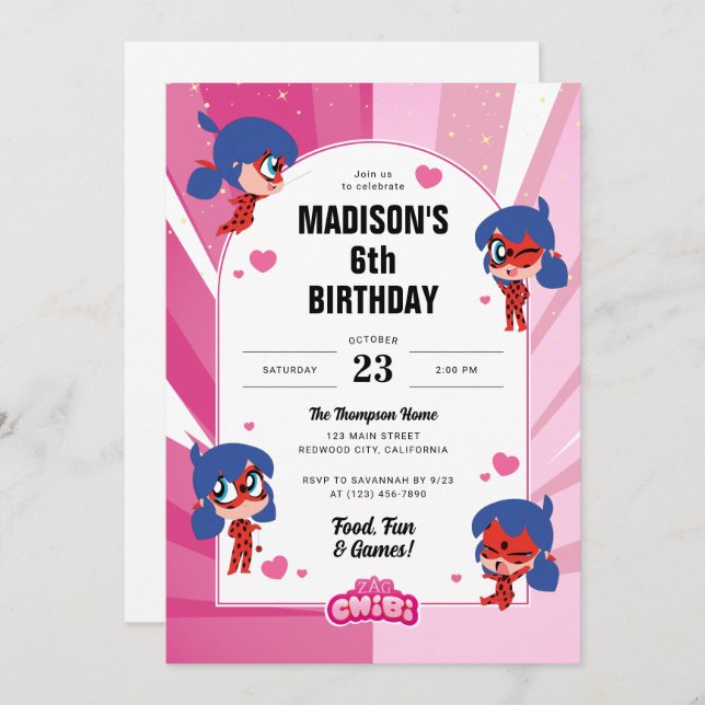 Miraculous Ladybug Chibi Birthday Invitation (Front/Back)