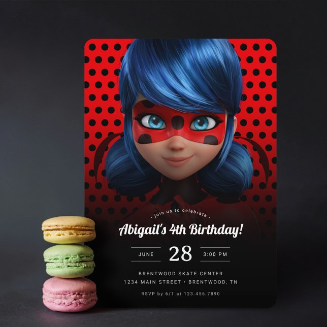 Miraculous Ladybug Girl's Birthday Invitation (Invitation next to macarons)