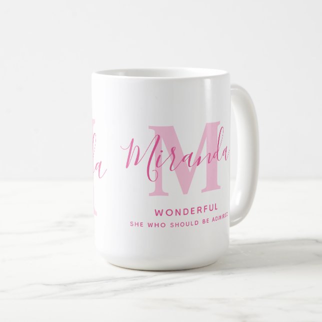 Miranda name meaning and monogram pink text coffee mug (Front Right)