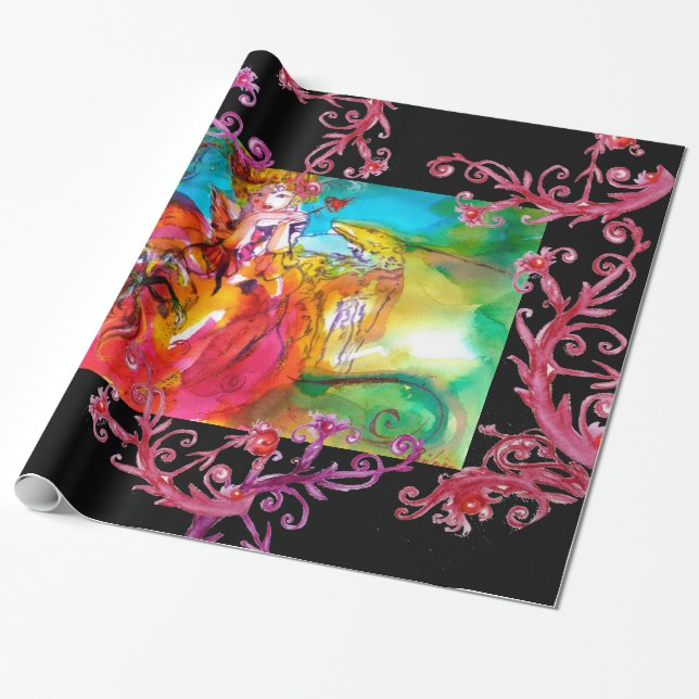 MIRANDOLINA ,RED PURPLE  FLORAL SWIRLS WRAPPING PAPER (Unrolled)