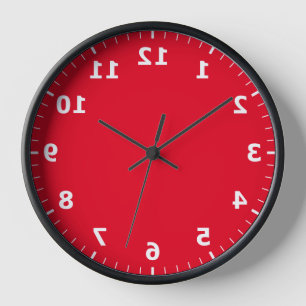 Mirror Image Clock - Red Backward Numbers Clock