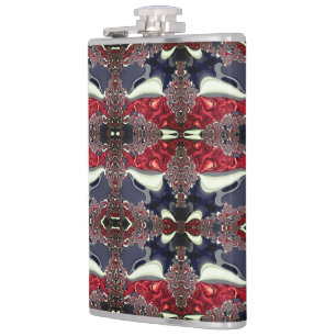 Mirror image generating repeated shape, over white hip flask