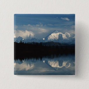 Mirror Lake Horizon with Forest & Snowy Mountains 15 Cm Square Badge