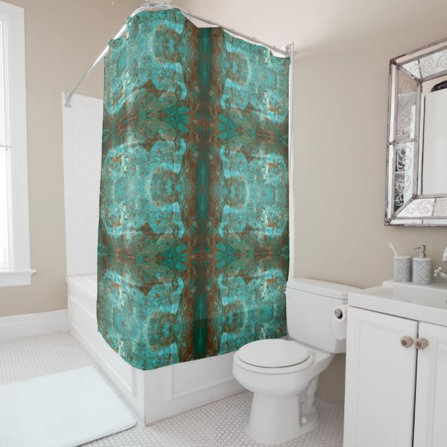 Mirrored Copper Brown and Teal Modern Abstract Shower Curtain (In Situ)