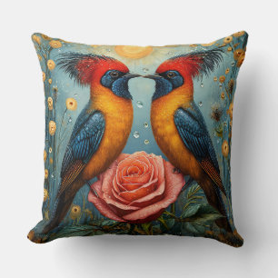 Mirrored Exotic Birds Above Pink Rose Romantic Cushion