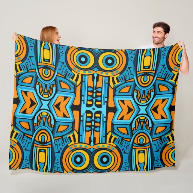 Mirrored Mosaic: Anamorphic Turquoise & Blue Fleece Blanket (In Situ)